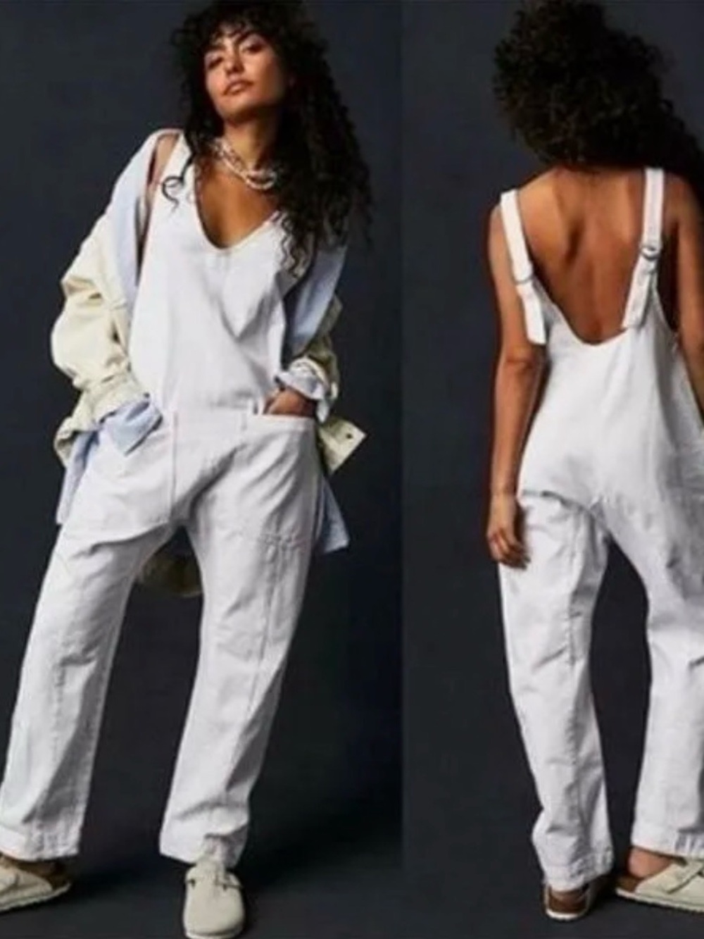 Free People We The Free High Roller Optic White Denim Jumpsuit Small Boho